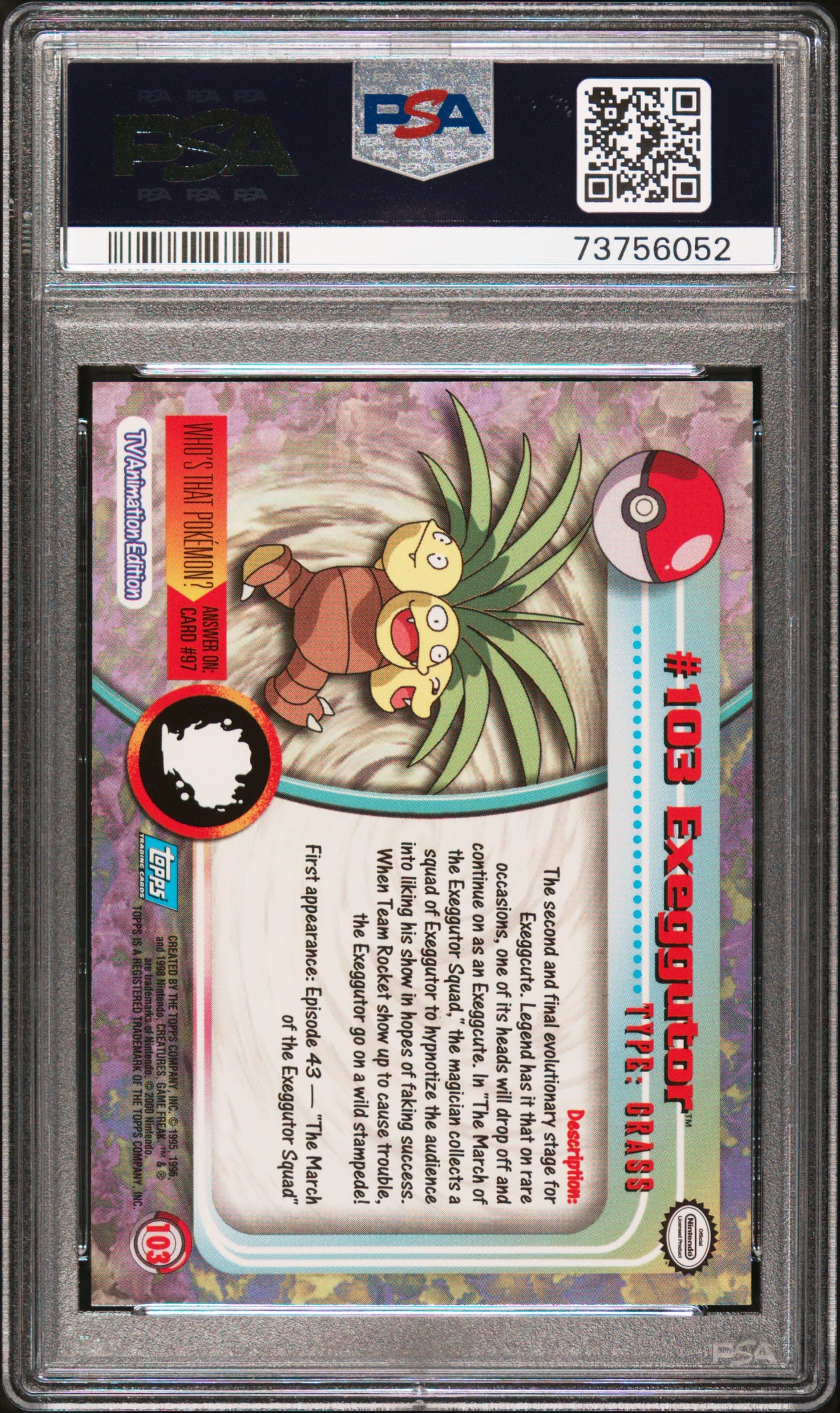 2000 Topps Pokemon Tv Animation Series 2 #103 Exeggutor PSA 10
