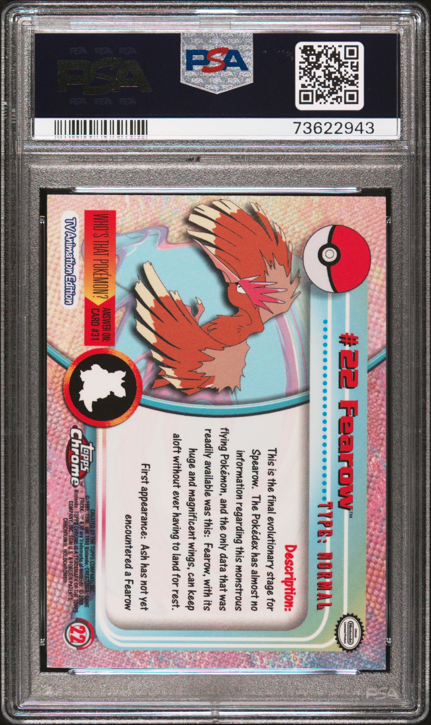 2000 Topps Chrome Pokemon T.V. #22 Fearow Pokemon T.V. PSA 9