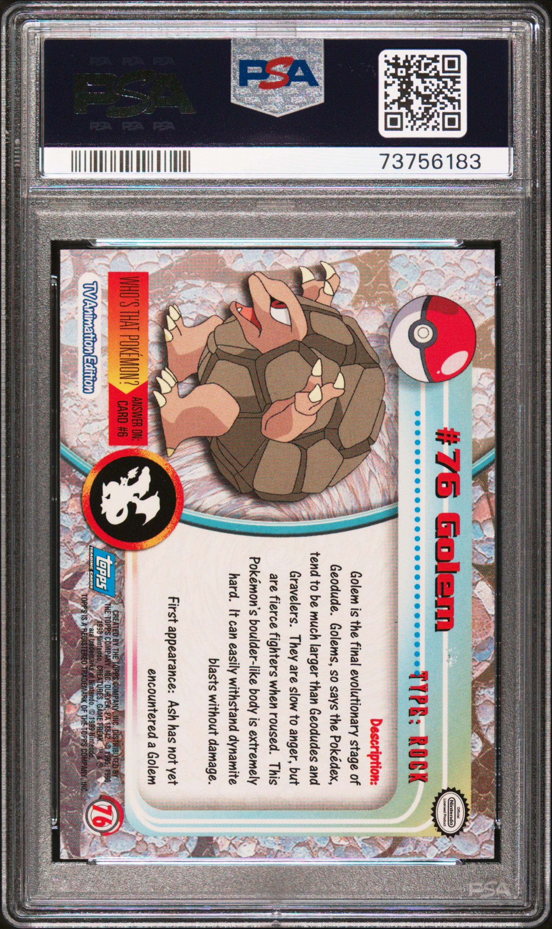 1999 Topps Pokemon Tv #76 Golem PSA 7