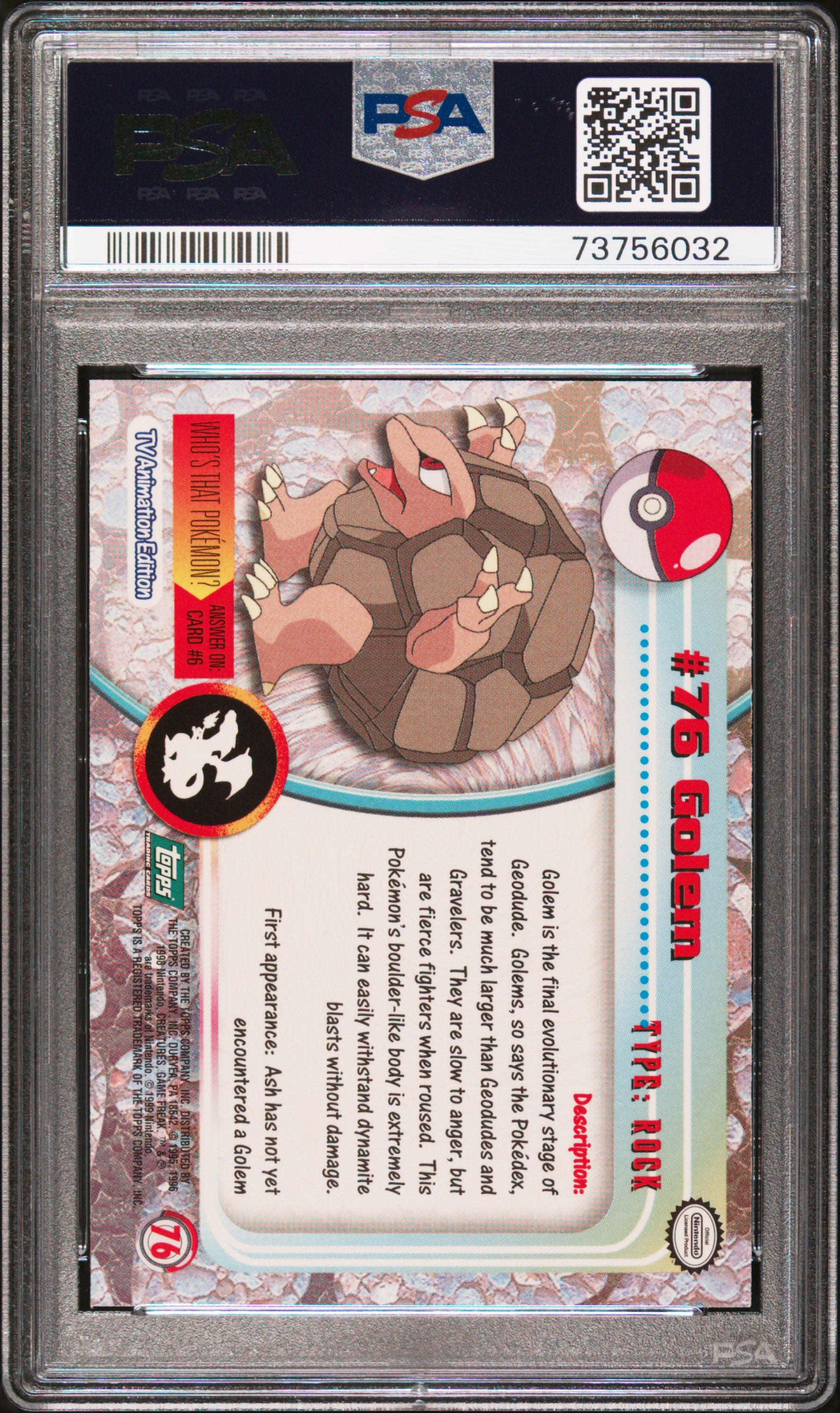 1999 Topps Pokemon Tv #76 Golem PSA 9