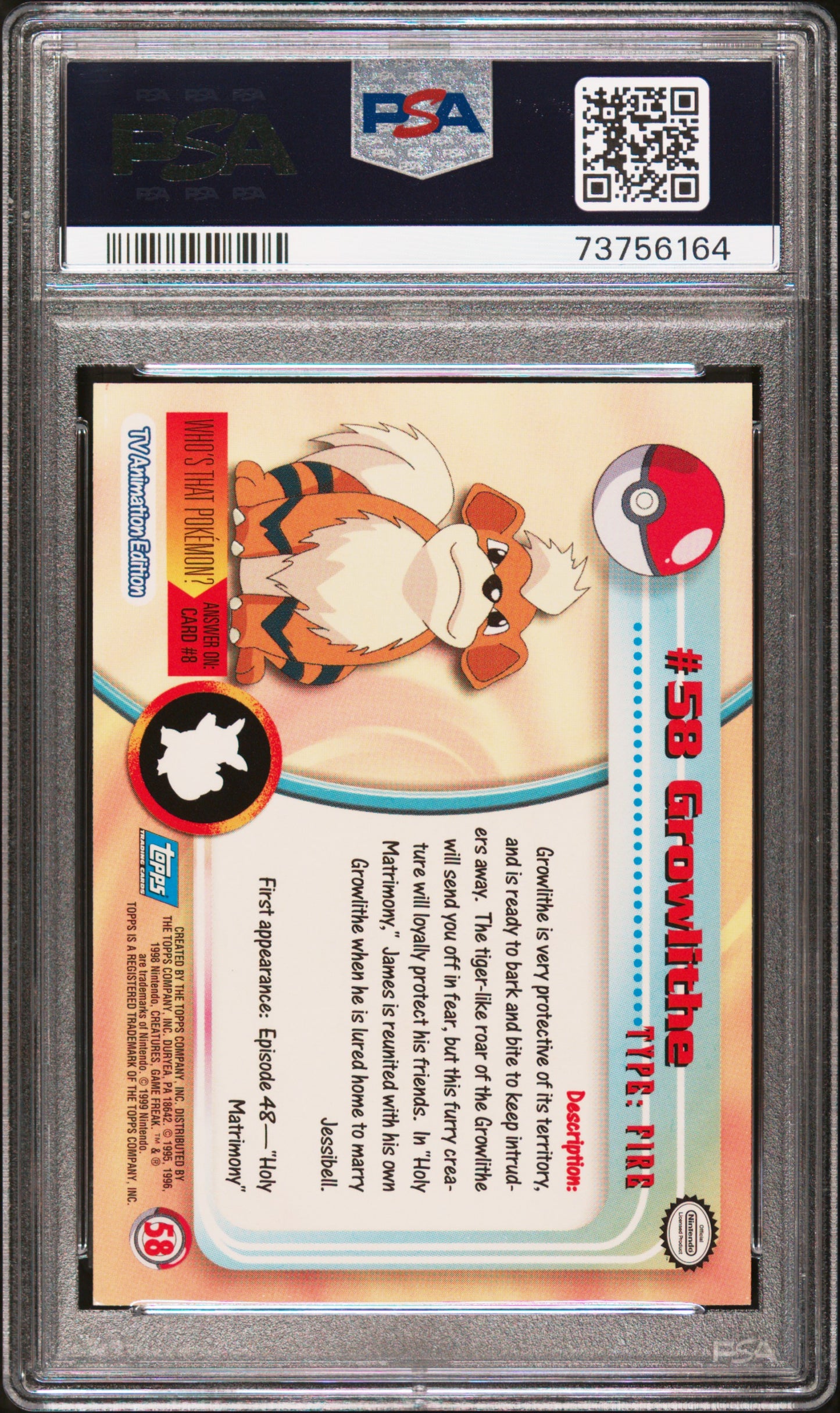 1999 Topps Pokemon Tv #58 Growlithe PSA 8