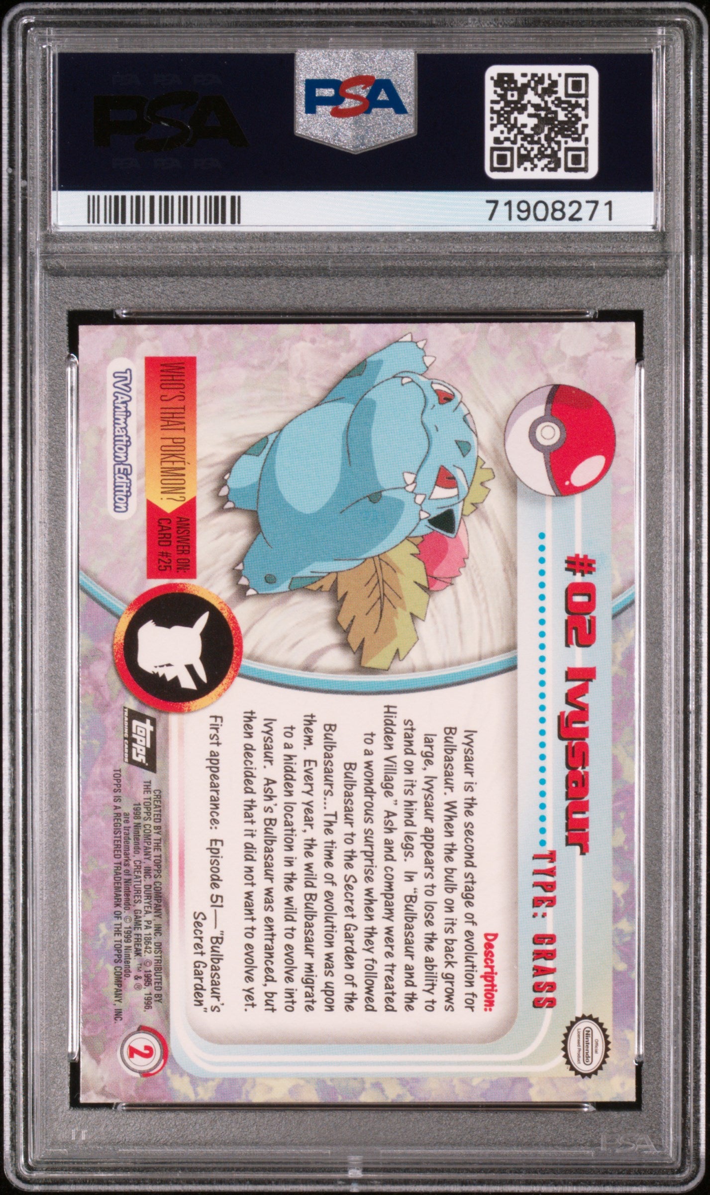 1999 Topps Pokemon Tv #2 Ivysaur Foil PSA 9