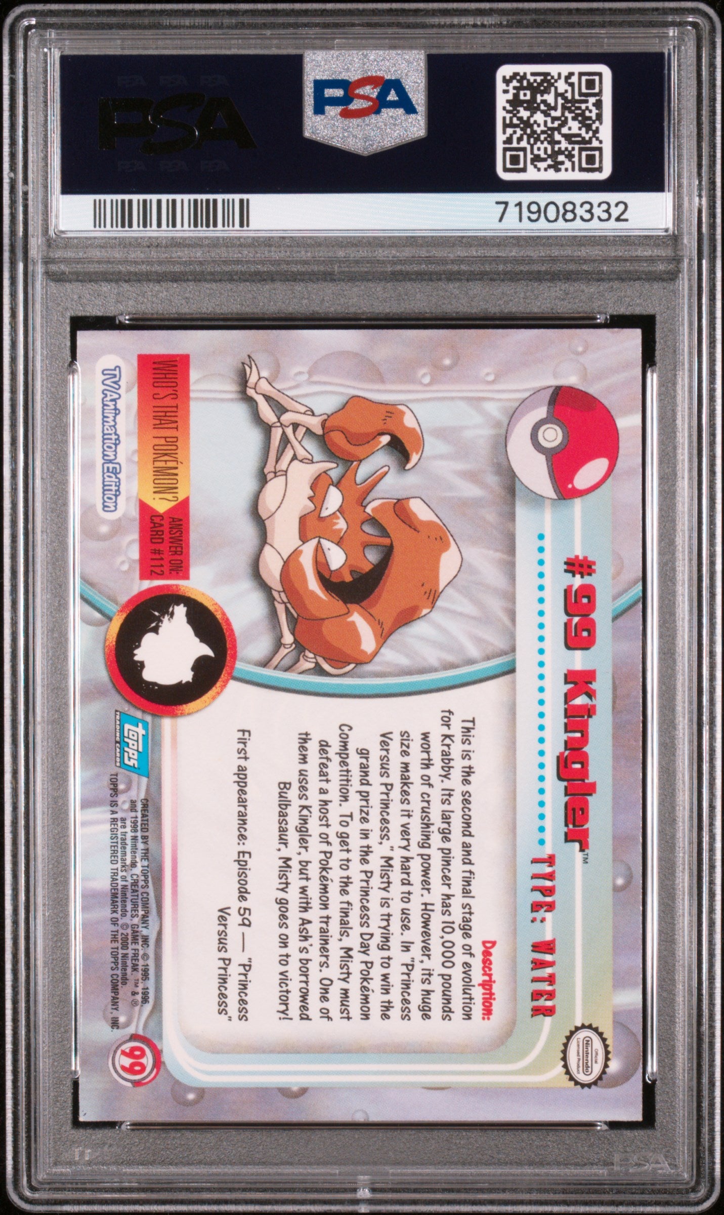 2000 Topps Pokemon Tv Animation Series 2 #99 Kingler PSA 7
