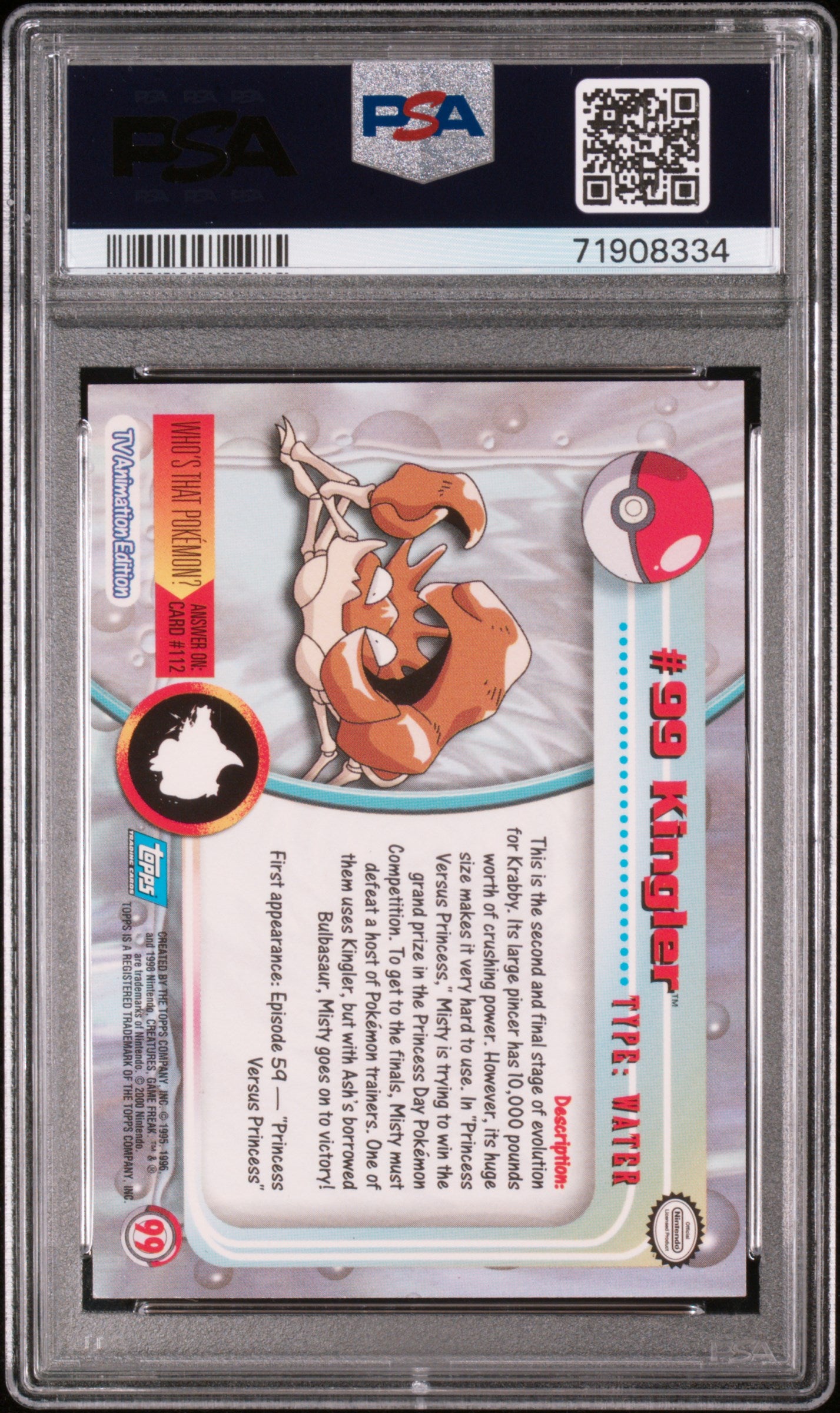 2000 Topps Pokemon Tv Animation Series 2 #99 Kingler PSA 6