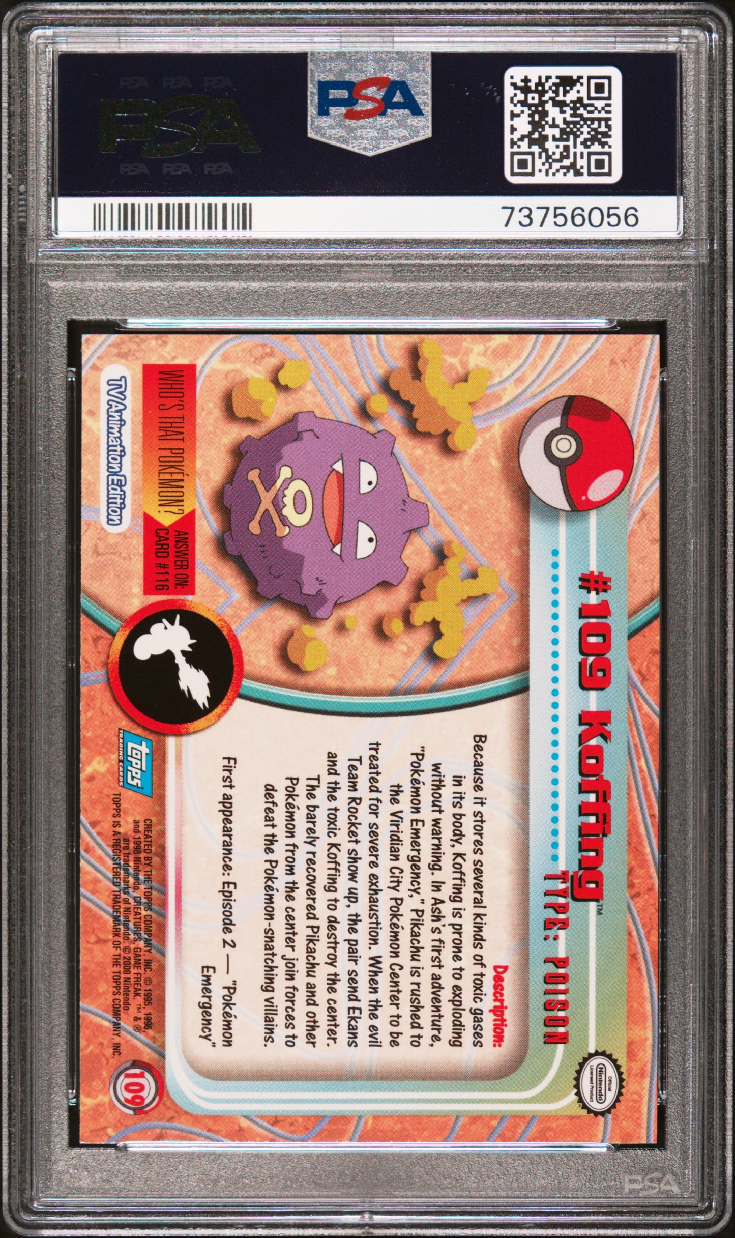 2000 Topps Pokemon Tv Animation Series 2 #109 Koffing Animation Series 2 PSA 9