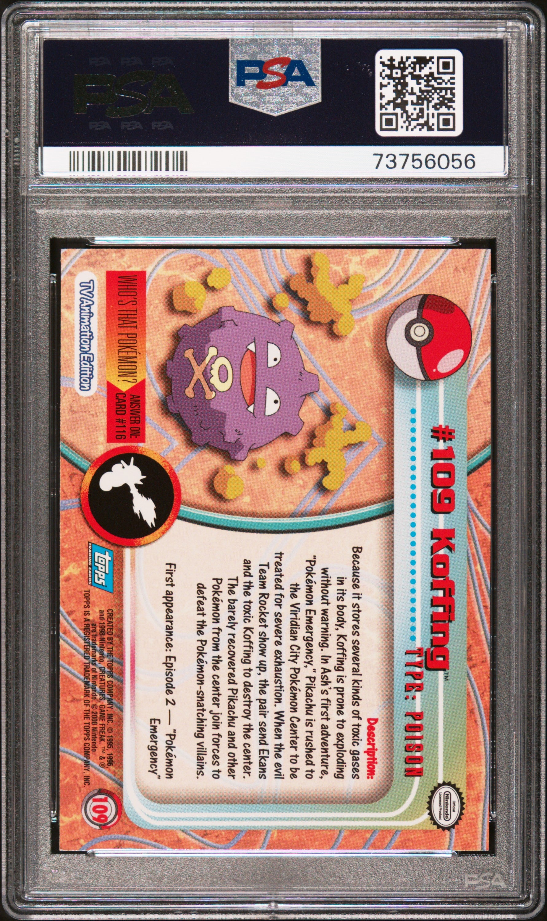 2000 Topps Pokemon Tv Animation Series 2 #109 Koffing Animation Series 2 PSA 9