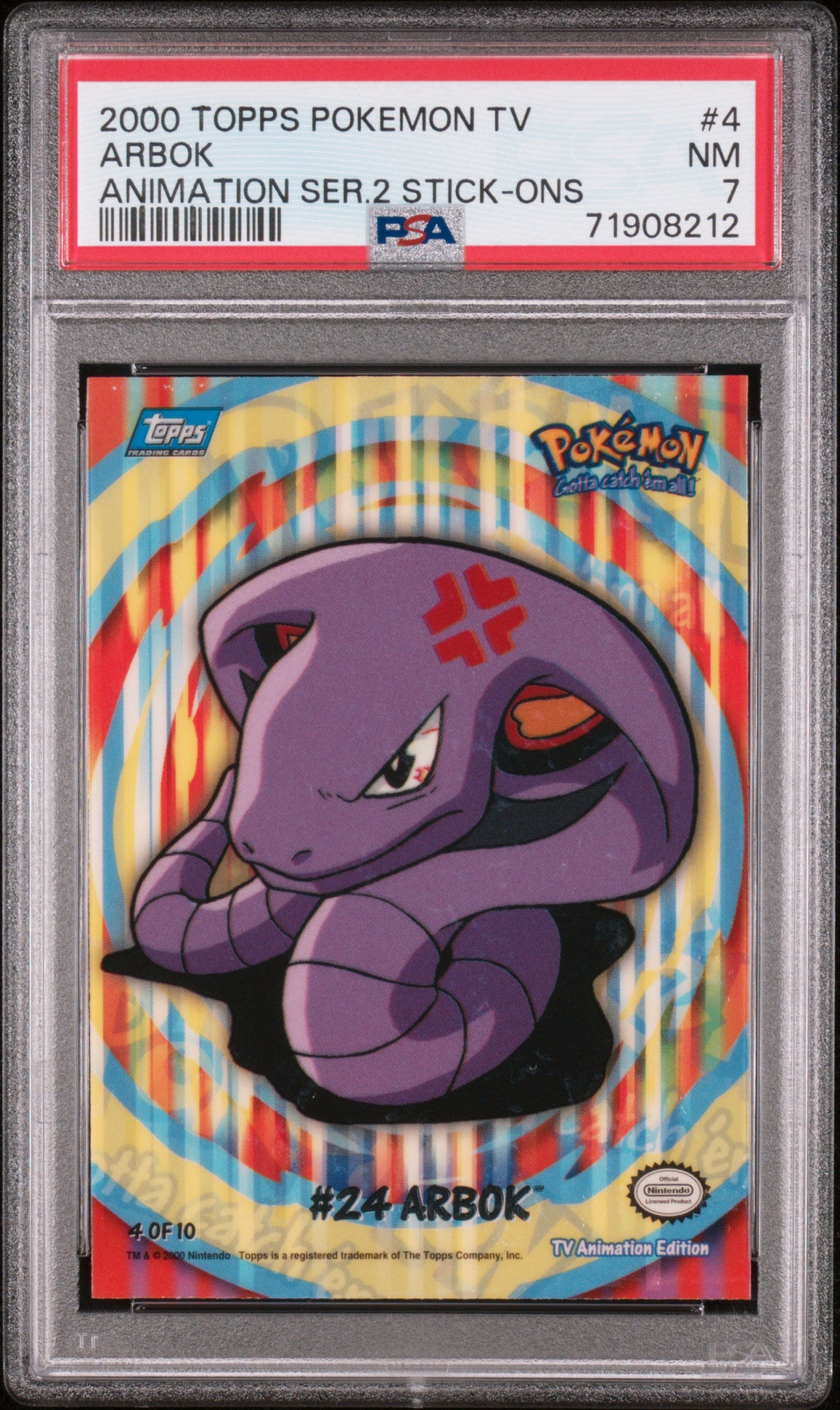 2000 Topps Pokemon Tv Animation Series 2 Stick-Ons #4 Arbok PSA 7