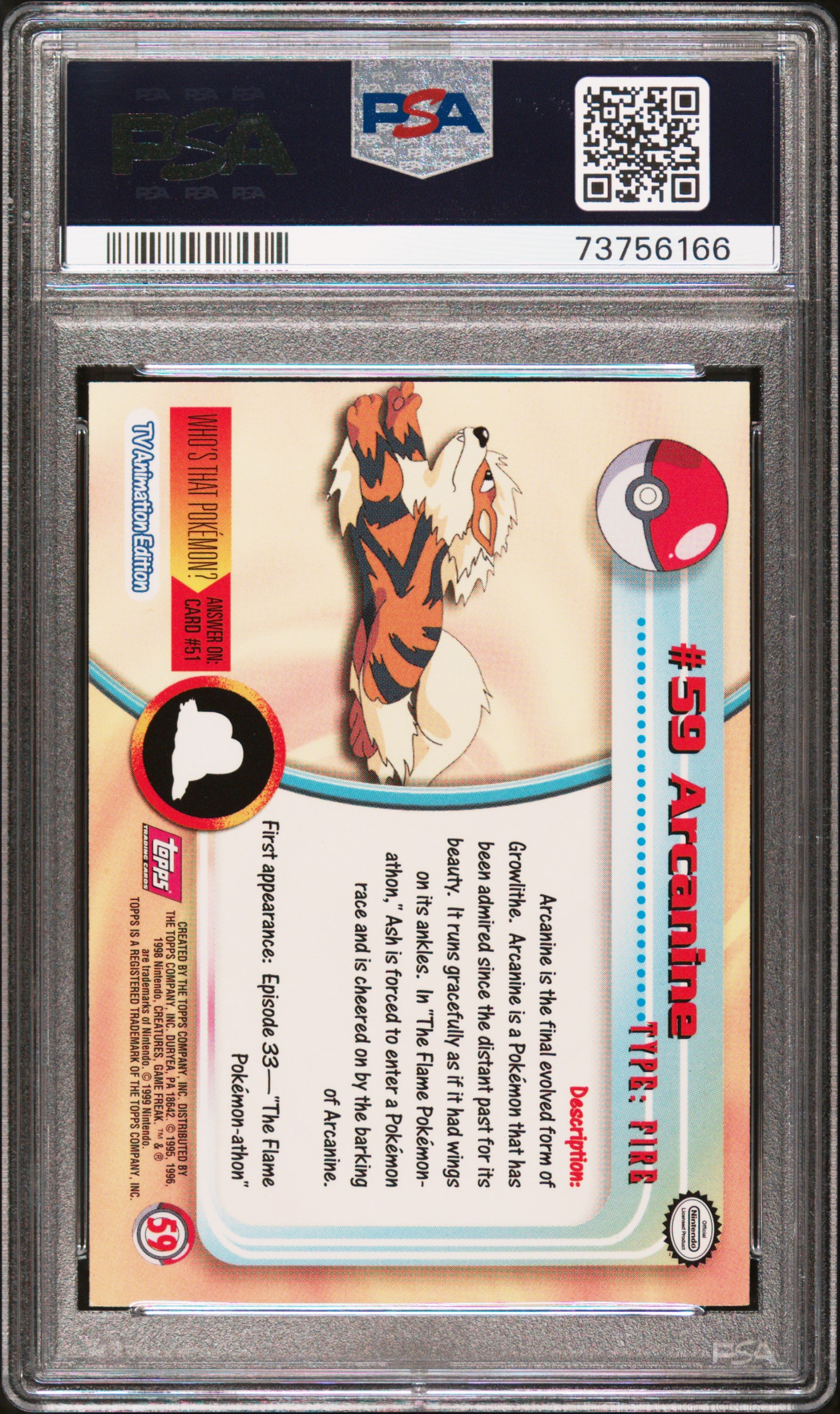 1999 Topps Pokemon Tv #59 Arcanine PSA 8