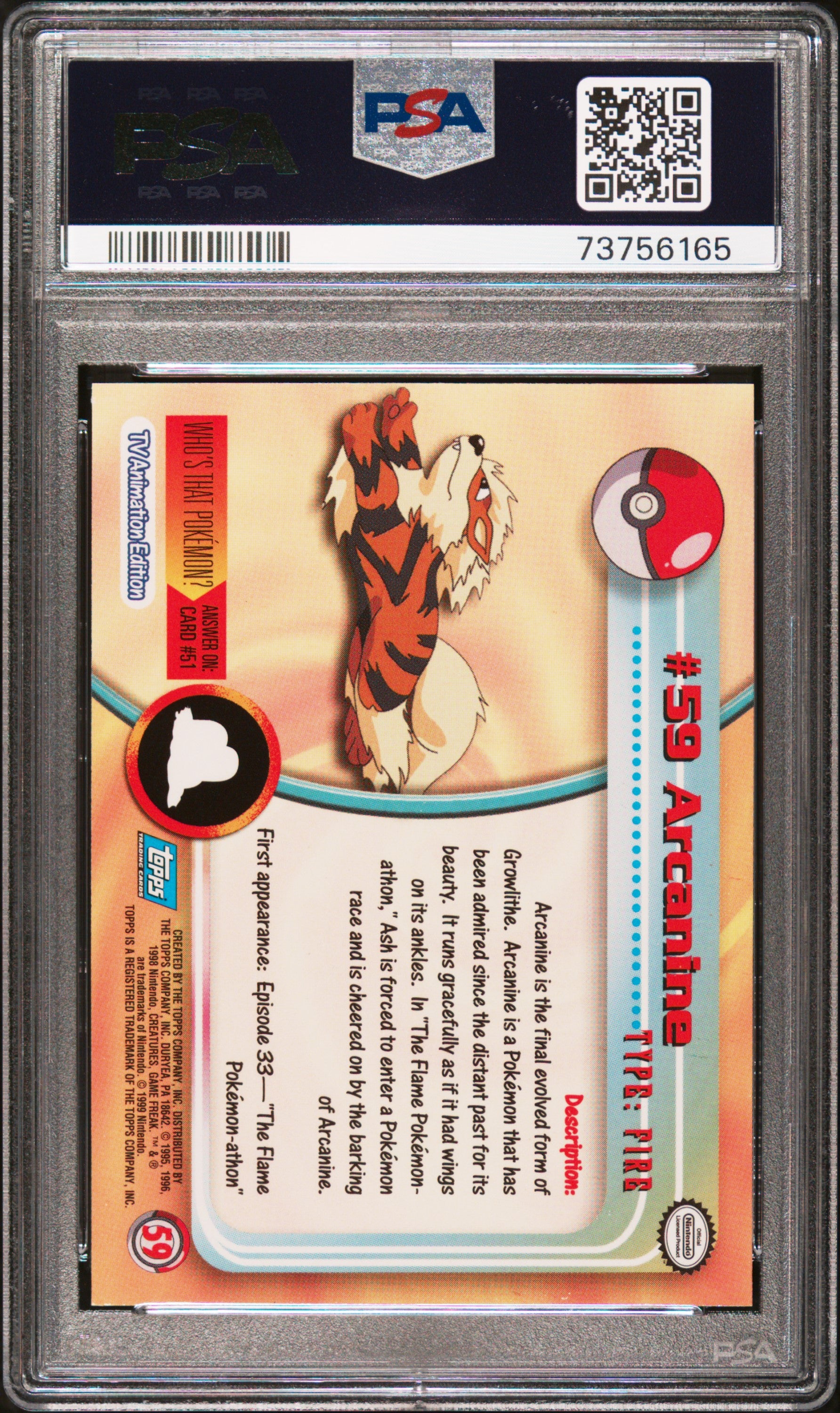 1999 Topps Pokemon Tv #59 Arcanine PSA 8