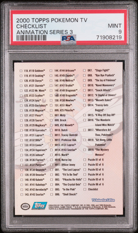 2000 Topps Pokemon Tv Animation Series 3 Checklist PSA 9