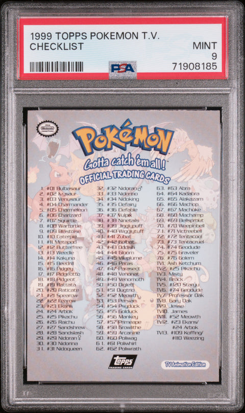 1999 Topps Pokemon Tv Checklist PSA 9