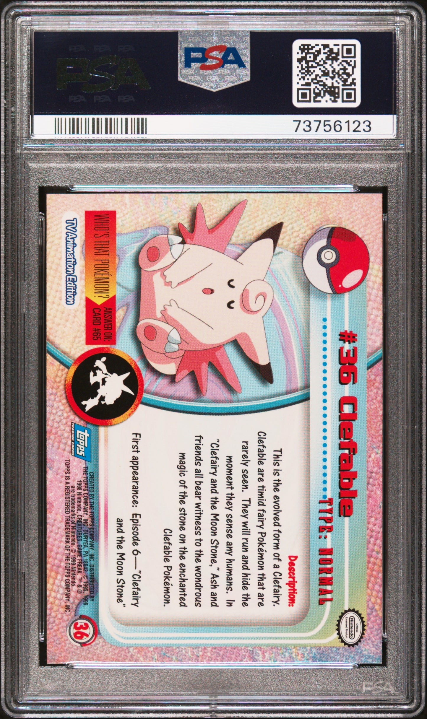 1999 Topps Pokemon Tv #36 Clefable PSA 10