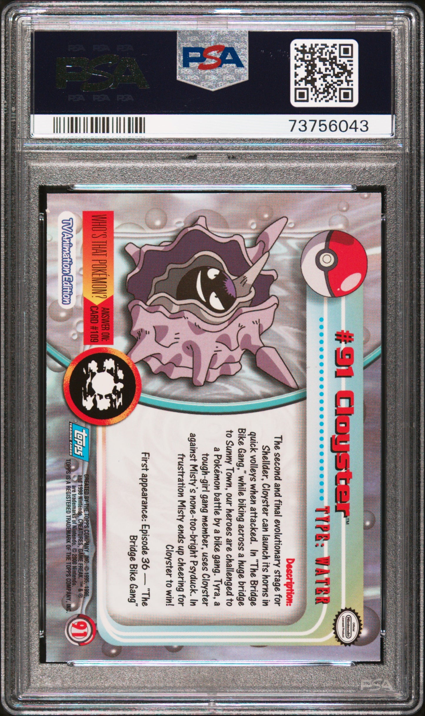 2000 Topps Pokemon Tv Animation Series 2 #91 Cloyster PSA 9