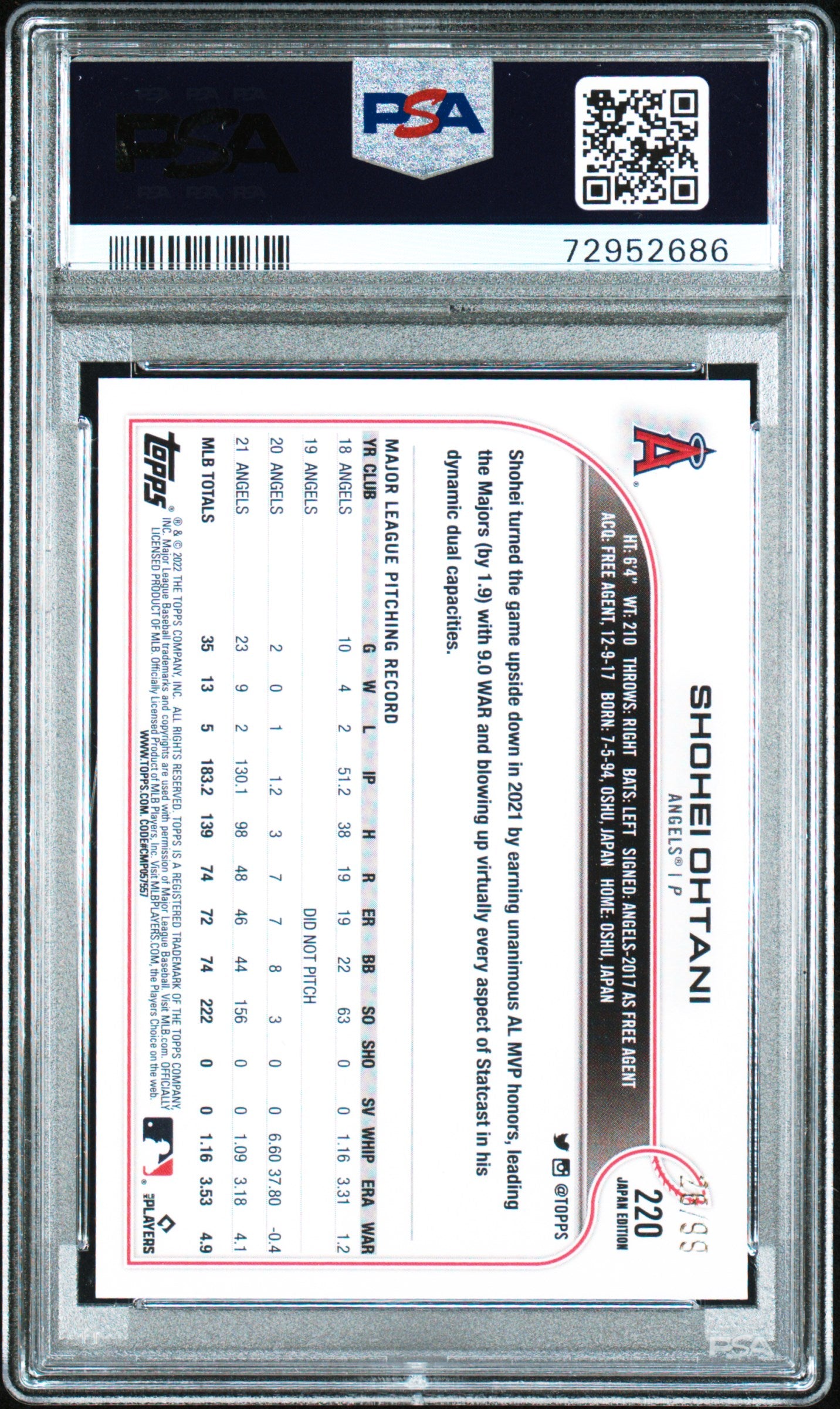 2022 Topps Japan Edition #220 Shohei Ohtani Cherry Blossoms PSA 10