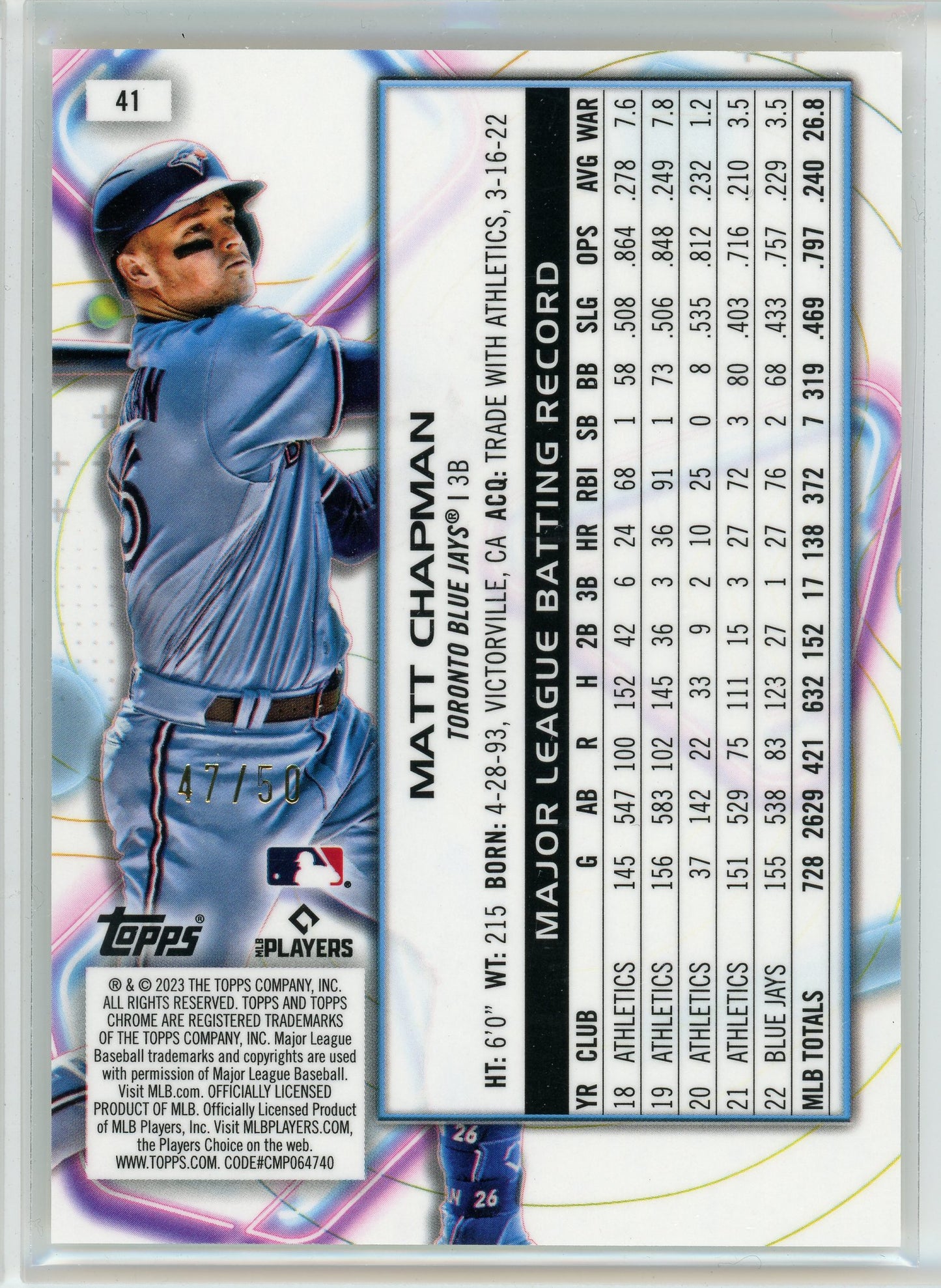 2023 Topps Cosmic Chrome #41 Matt Chapman Gold Interstellar Refractor #/50