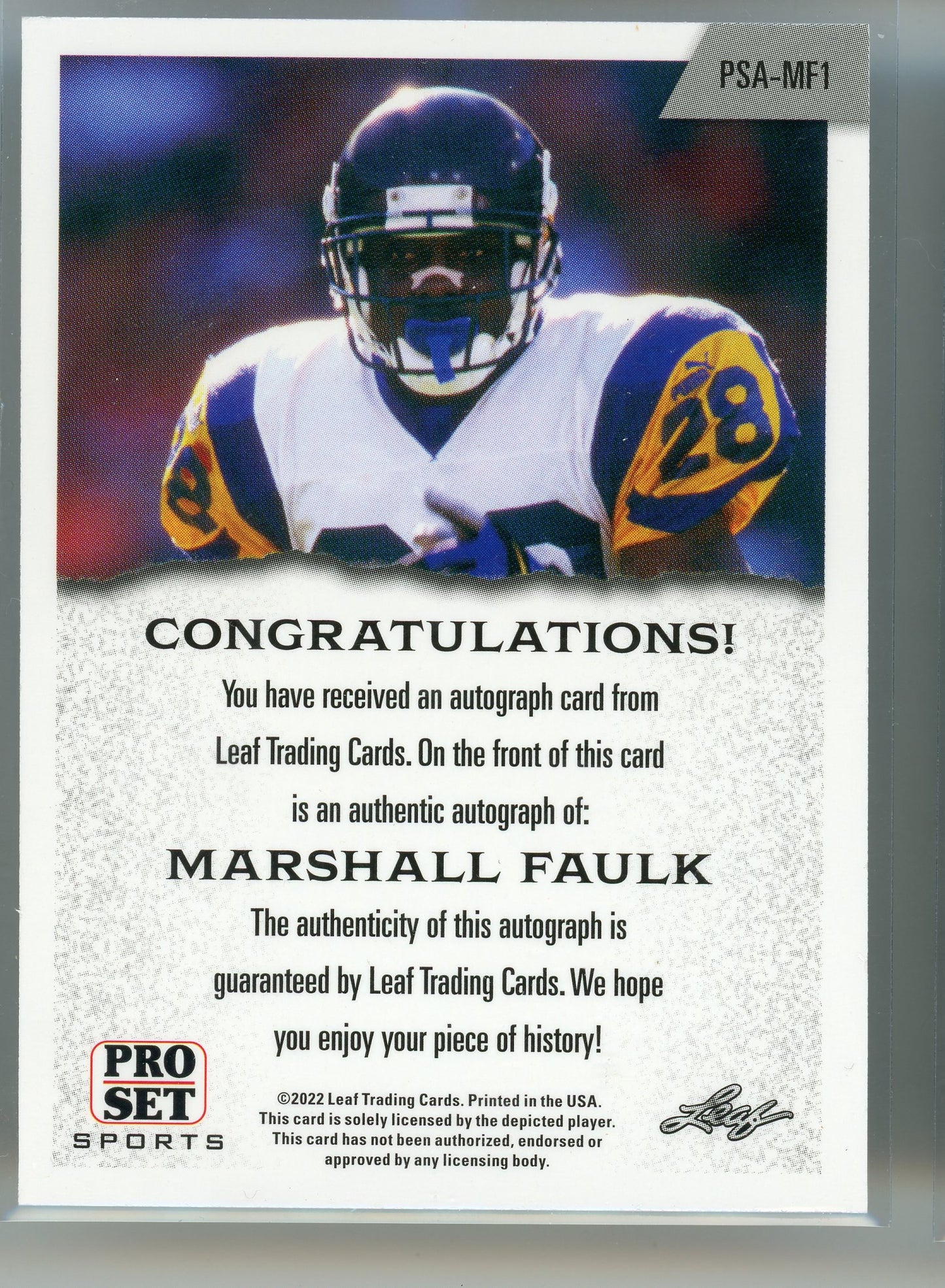 2022 Leaf Pro Set #PSA-MF1 Marshall Faulk Orange Auto /8