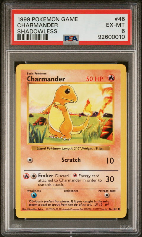1999 Pokemon Game #46 Charmander Shadowless PSA 6
