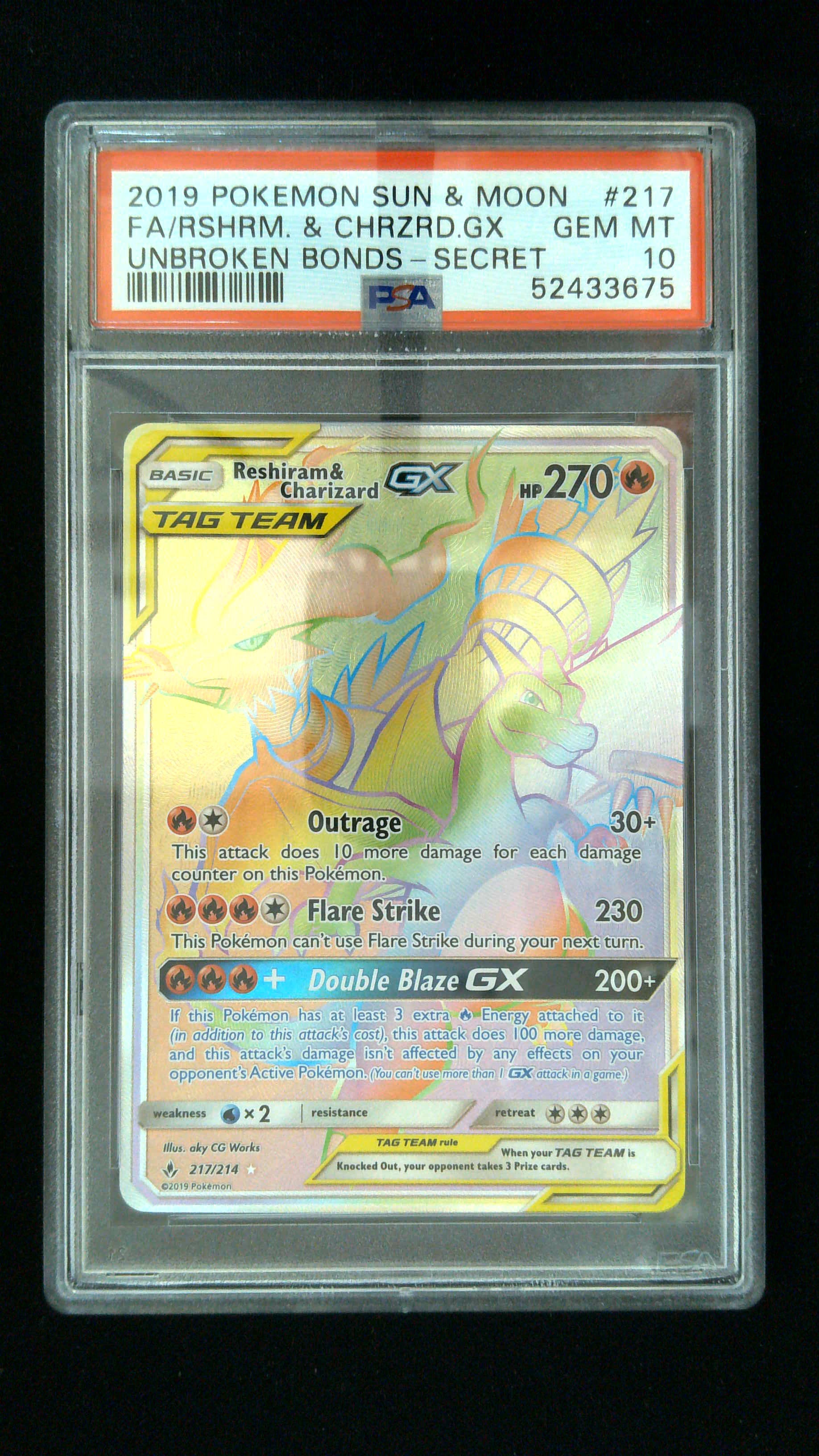2019 Pokemon #217 Reshrm. & Charzrd.Gx Unbroken Bonds-Scrt-Fa PSA 10