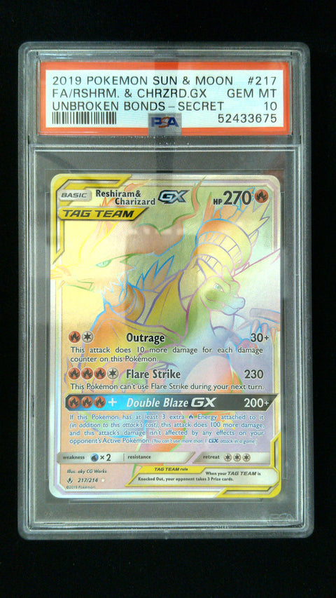 2019 Pokemon #217 Reshrm. & Charzrd.Gx Unbroken Bonds-Scrt-Fa PSA 10