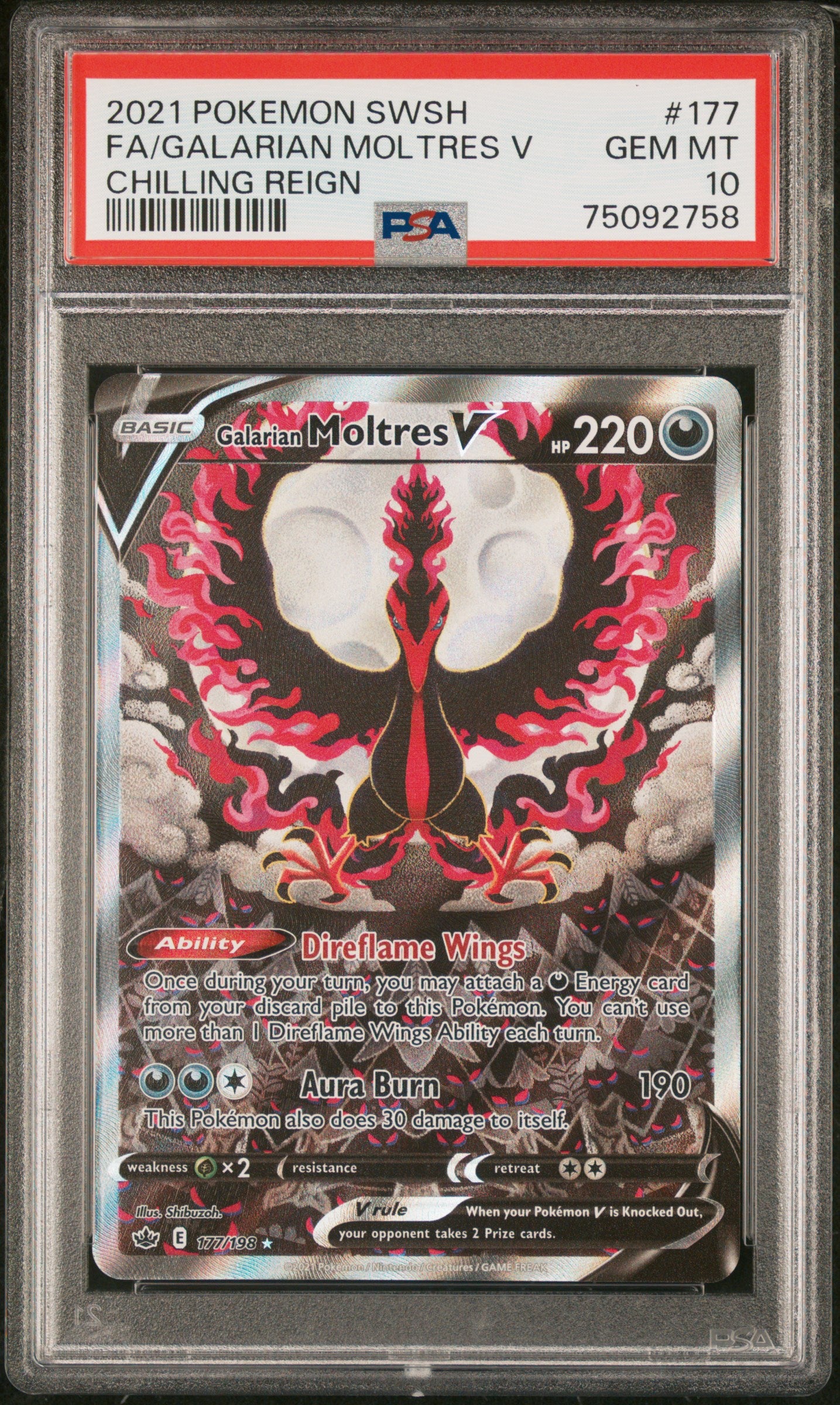 2021 Pokemon #177 Fa/Galarian Moltres V Chilling Reign PSA 10