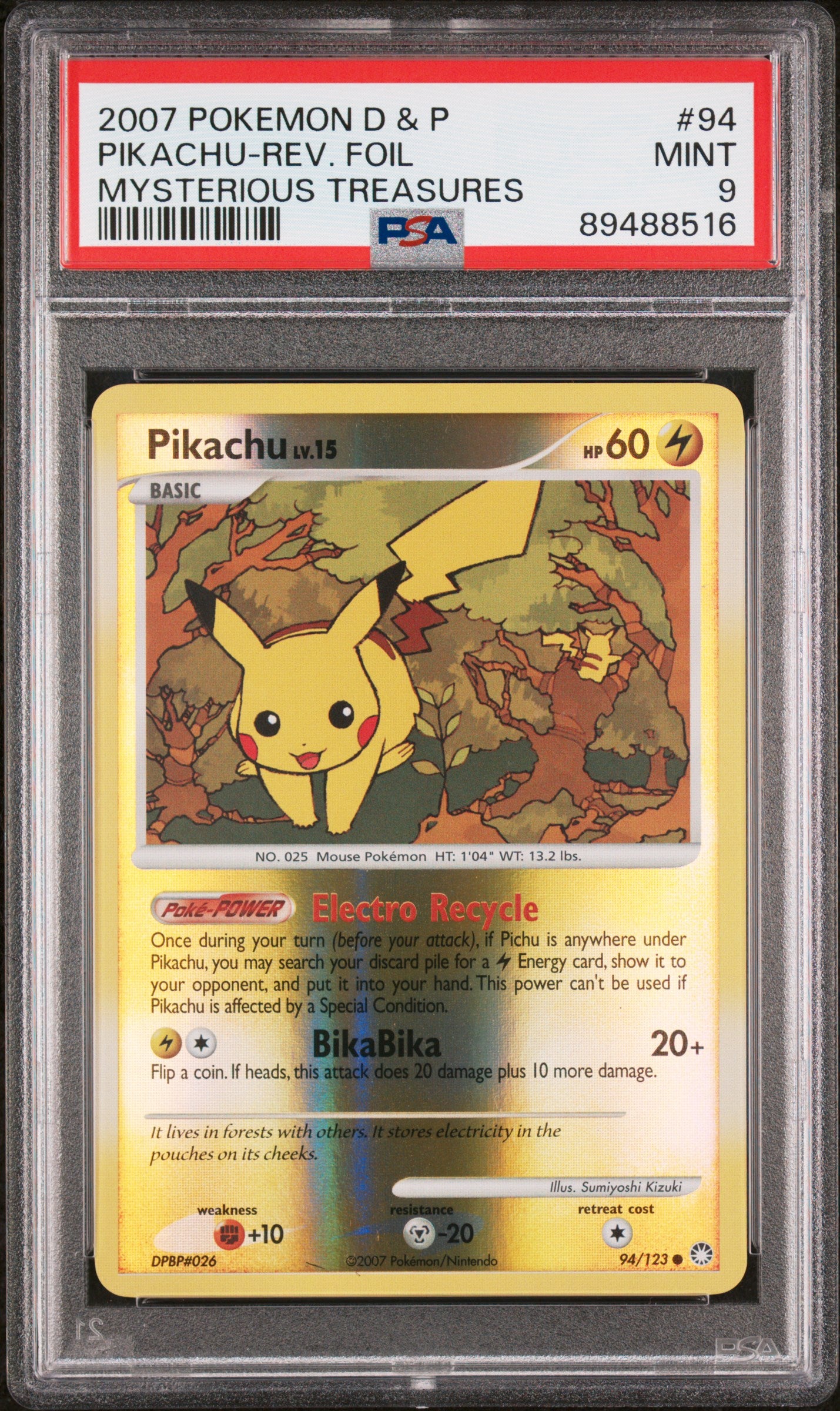 2007 Pokemon Diamond & Pearl Mysterious Treasures Pikachu-Rev. Foil #94 PSA 9