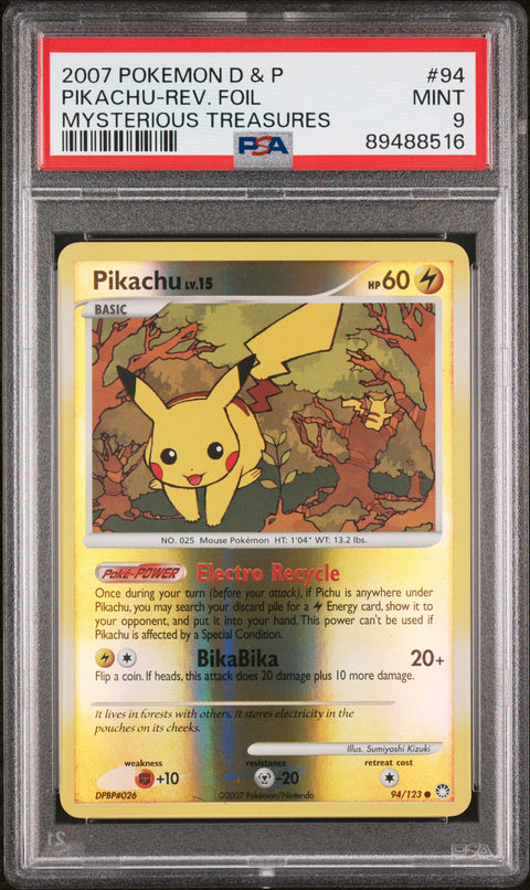 2007 Pokemon Diamond & Pearl Mysterious Treasures Pikachu-Rev. Foil #94 PSA 9