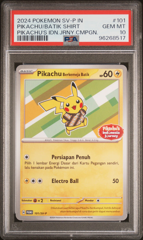 2024 Pokemon Indonesian Sv-P Promo Pikachu/Batik Shirt #101 PSA 10