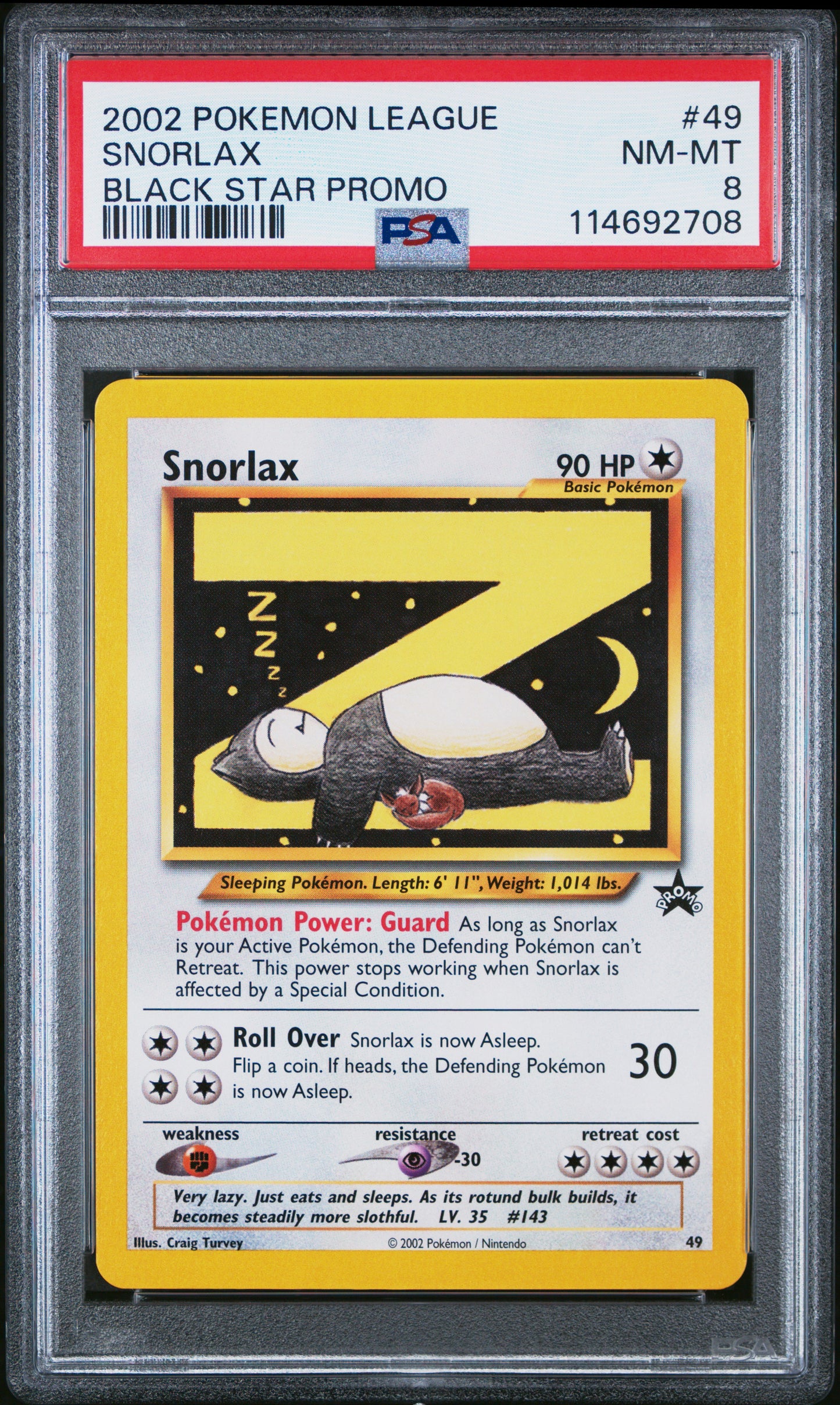 2002 POKEMON LEAGUE PROMO BLACK STAR SNORLAX #49 BLACK STAR PROMO PSA 8