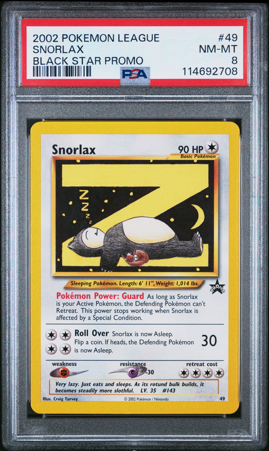 2002 POKEMON LEAGUE PROMO BLACK STAR SNORLAX #49 BLACK STAR PROMO PSA 8