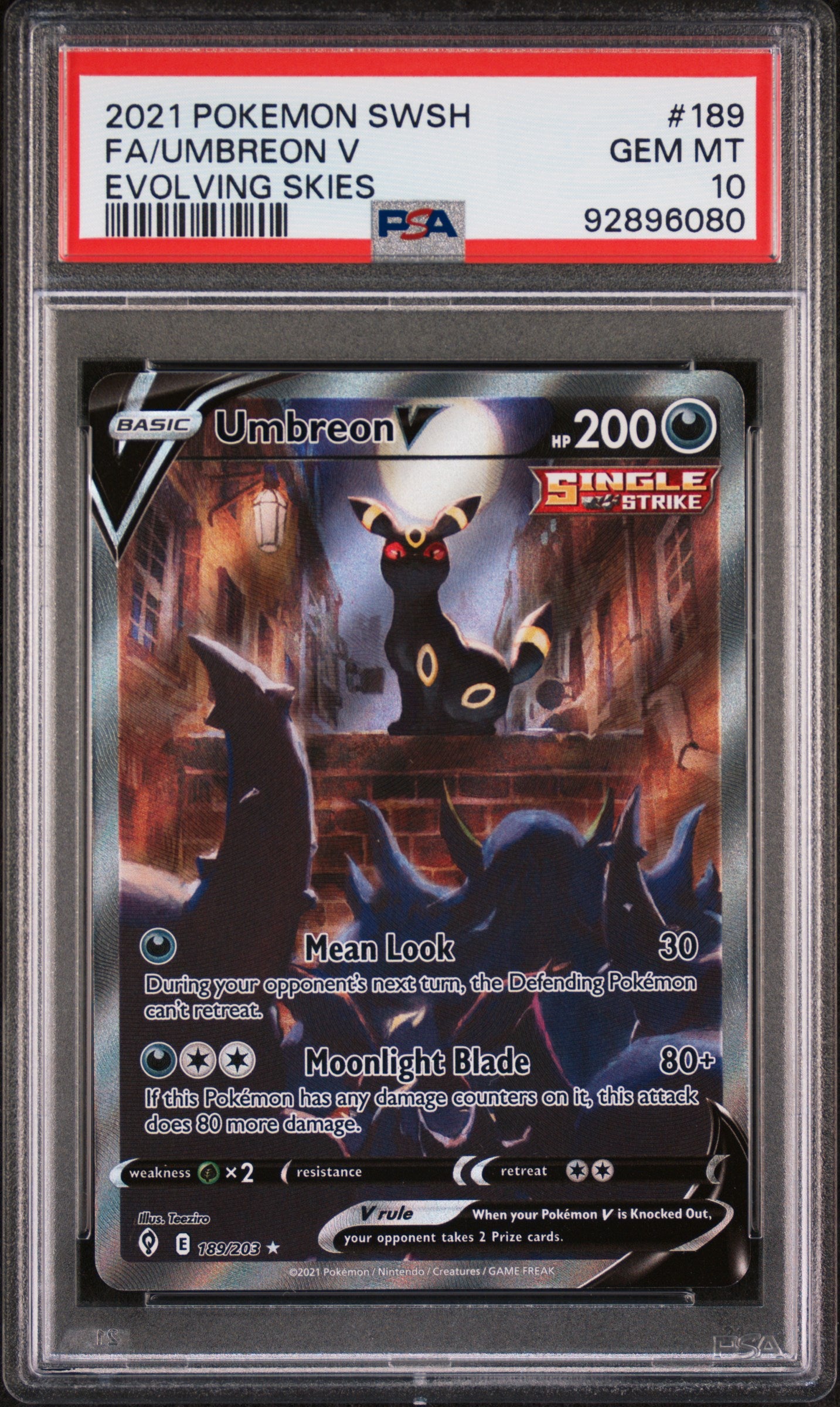 2021 Pokemon Sword & Shield Evolving Skies Fa/Umbreon V #189 PSA 10