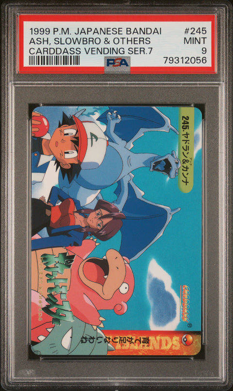 1999 Pokemon JP Carddass Vending Series 7 #245 Ash, Slowbro & Others PSA 9