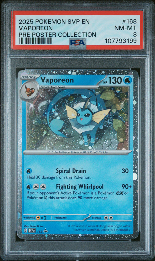 2025 Pokemon Svp Black Star Promo #168 Vaporeon Pre Poster Collection PSA 8