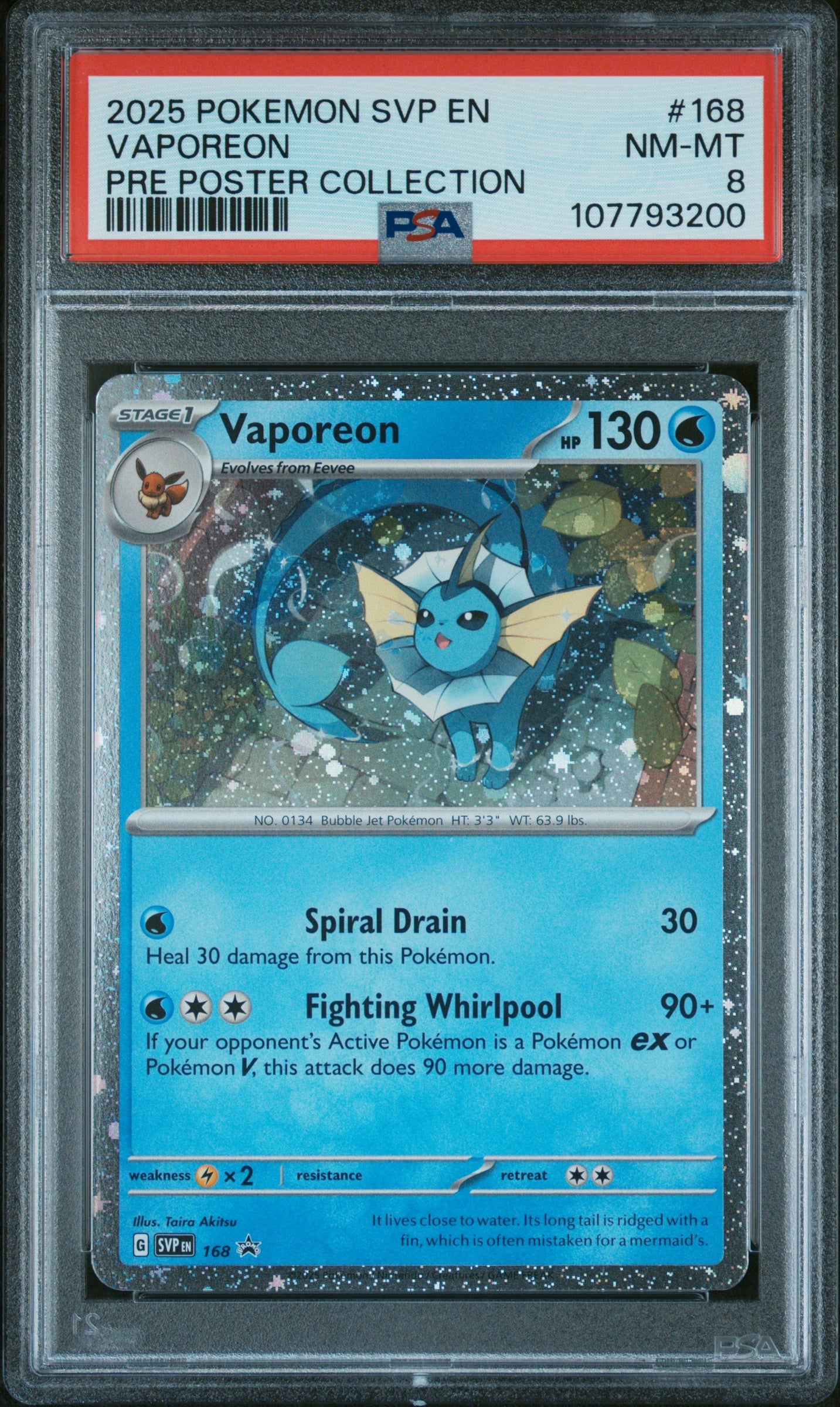 2025 Pokemon Svp Black Star Promo #168 Vaporeon Pre Poster Collection PSA 8
