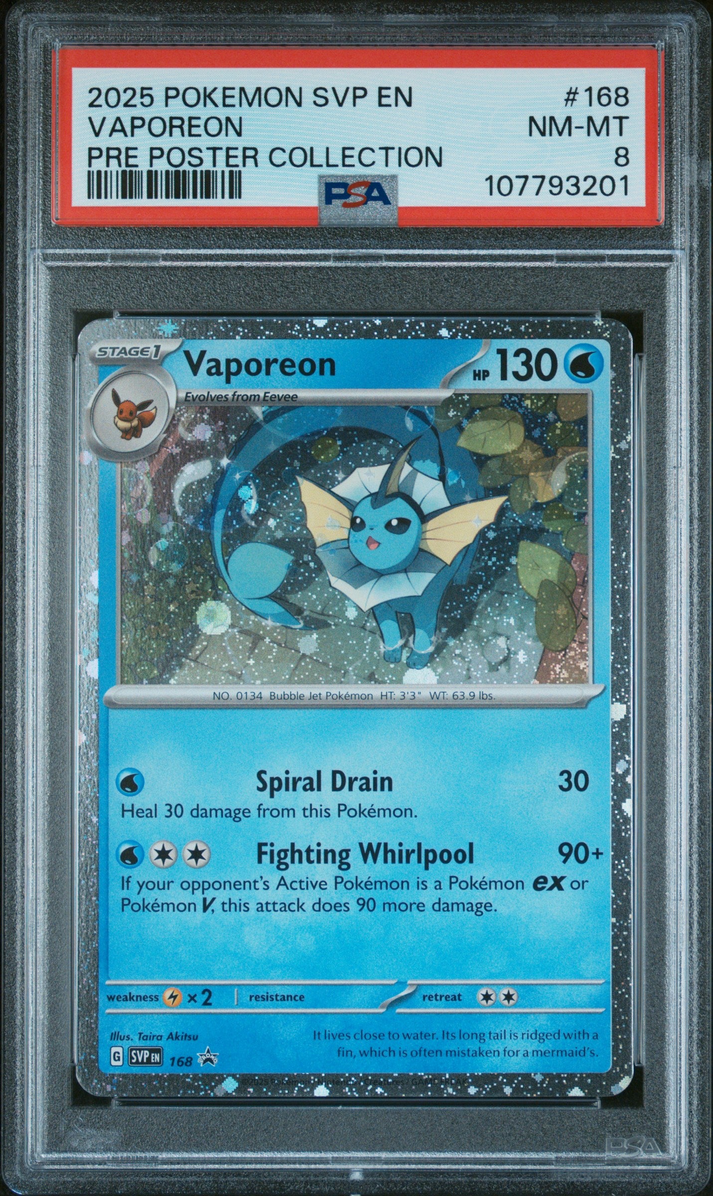 2025 Pokemon Svp Black Star Promo #168 Vaporeon Pre Poster Collection PSA 8