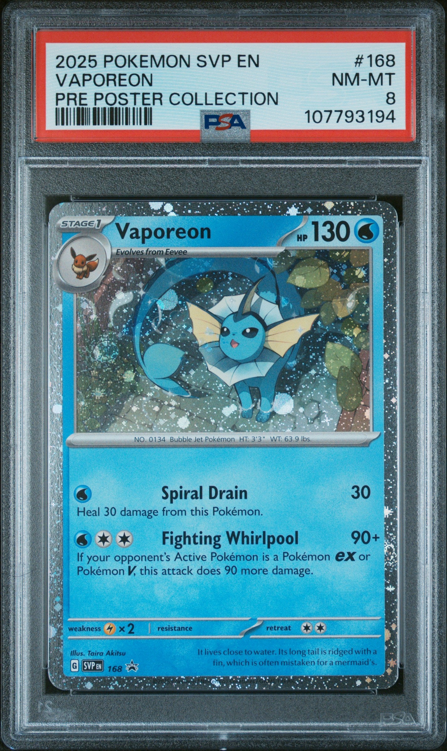 2025 Pokemon Svp Black Star Promo #168 Vaporeon Pre Poster Collection PSA 8