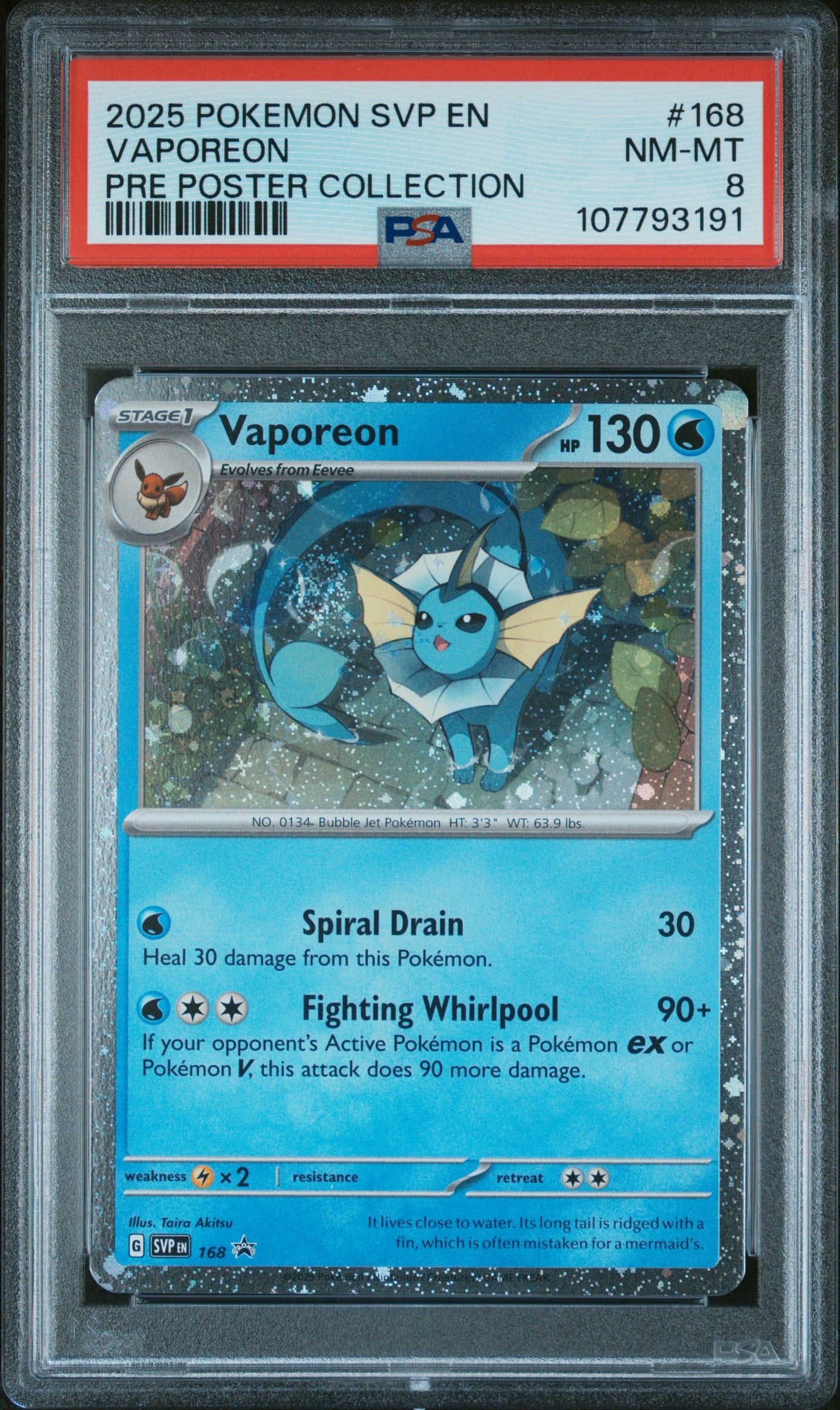2025 Pokemon Svp Black Star Promo #168 Vaporeon Pre Poster Collection PSA 8