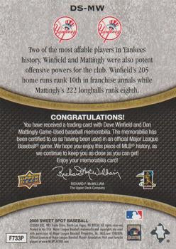 2008 Upper Deck Sweet Spot #DS-MW Dave Winfield / Don Mattingly MEM Dual