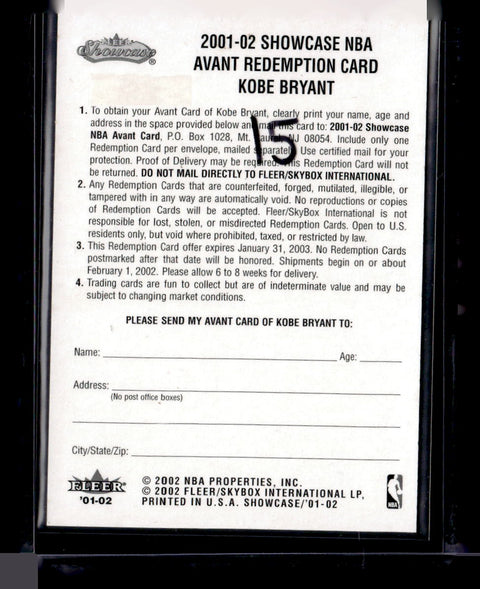 2002 Fleer Auant Redemption Card Kobe Bryant