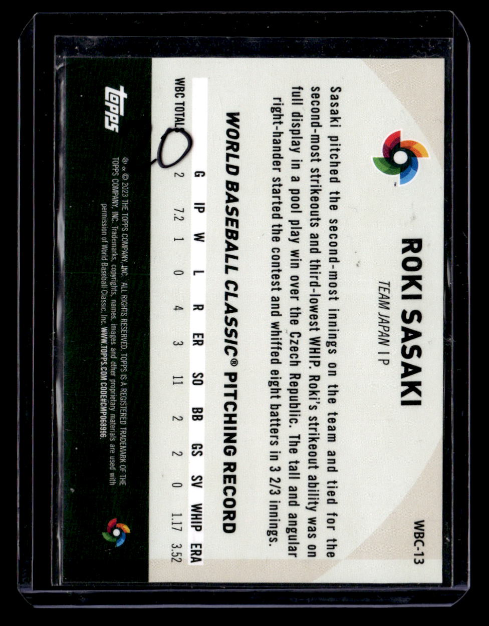 2023 Topps Japan Edition #WBC-13 Roki Sasaki WBC Japanese National Team