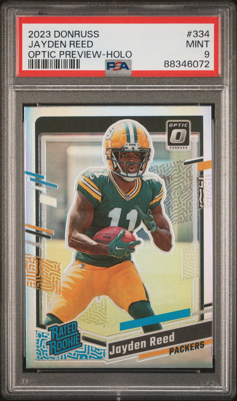 2023 Panini Donruss #334 Jayden Reed Optic Preview-Holo PSA 9
