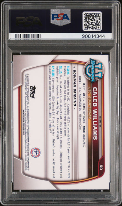 2022 Bowman University Chrome Caleb Williams Chrome Pros-Refractor PSA 9