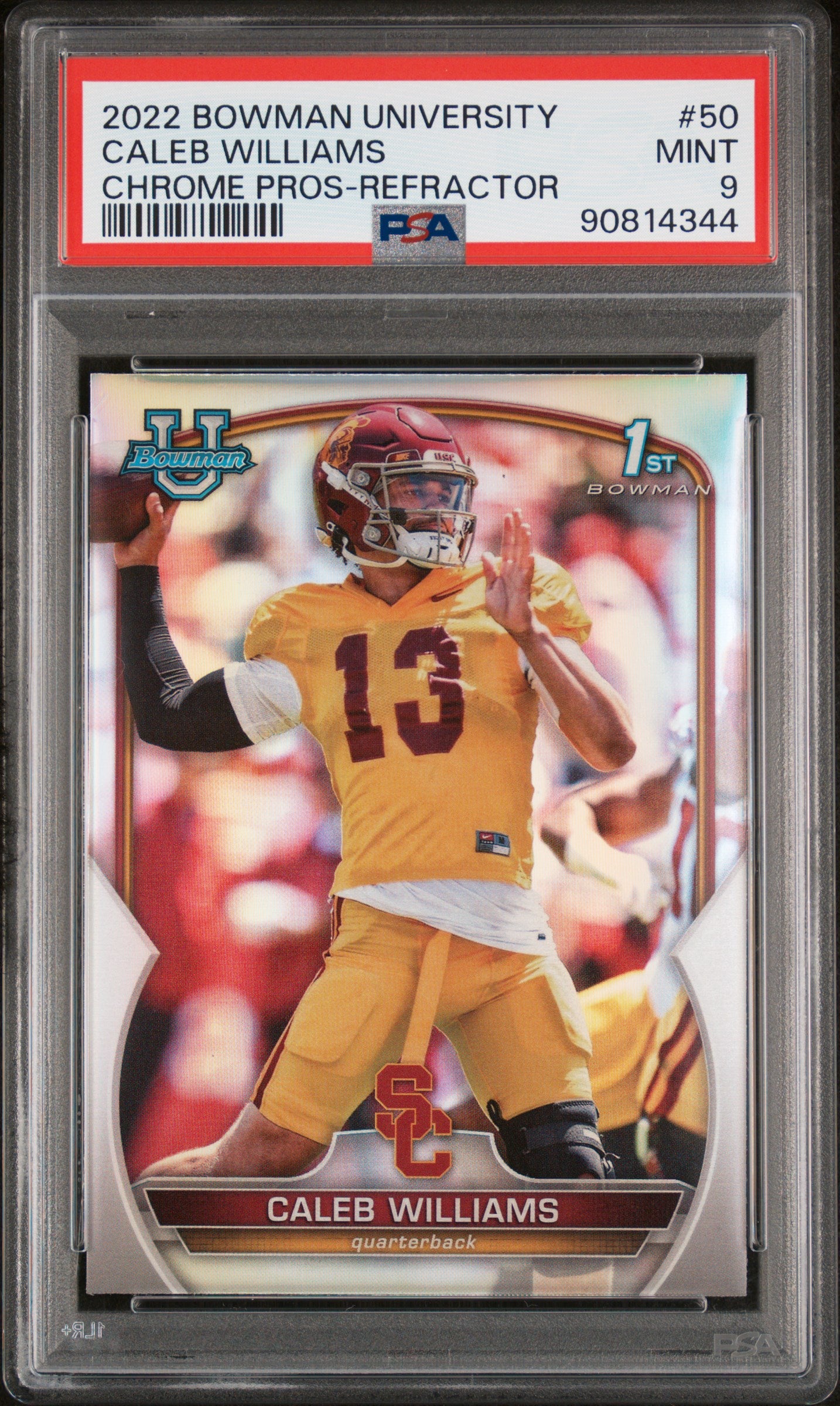 2022 Bowman University Chrome Caleb Williams Chrome Pros-Refractor PSA 9