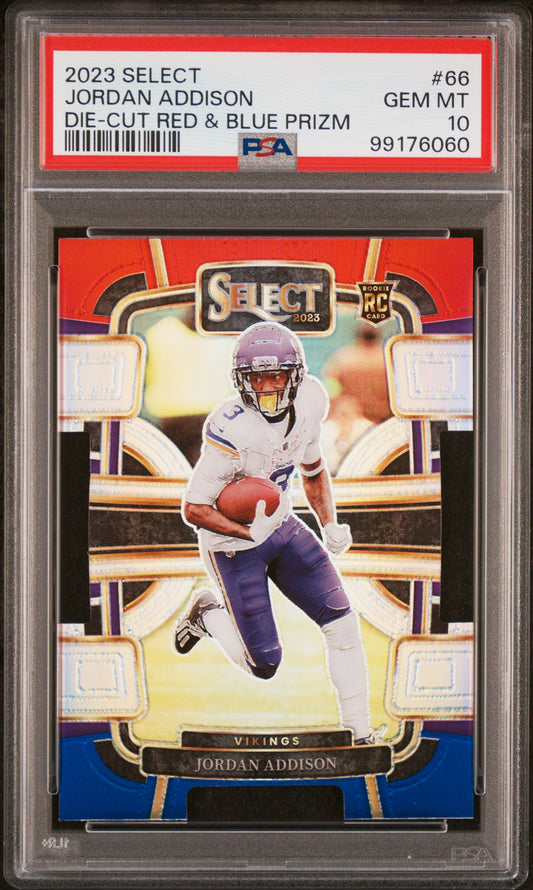 2023 Panini Select #66 Jordan Addison Die-Cut Red & Blue Prizm PSA 10