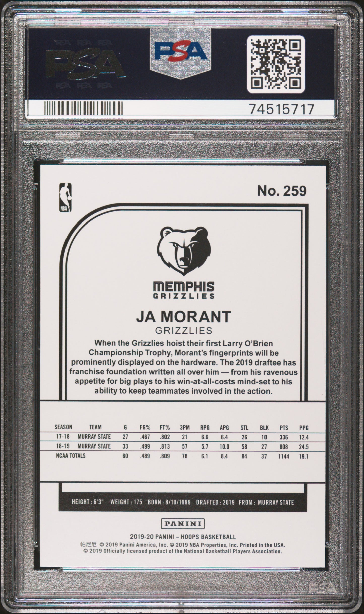 2019 Panini Hoops #259 Ja Morant Winter PSA 10