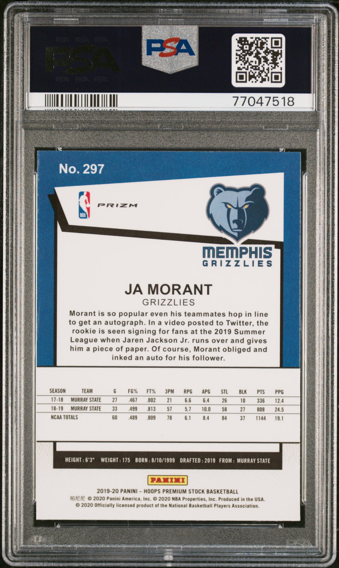 2019 Panini Hoops Premium Stock #297 Ja Morant Silver Laser PSA 10