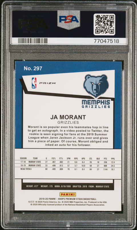 2019 Panini Hoops Premium Stock #297 Ja Morant Silver Laser PSA 10