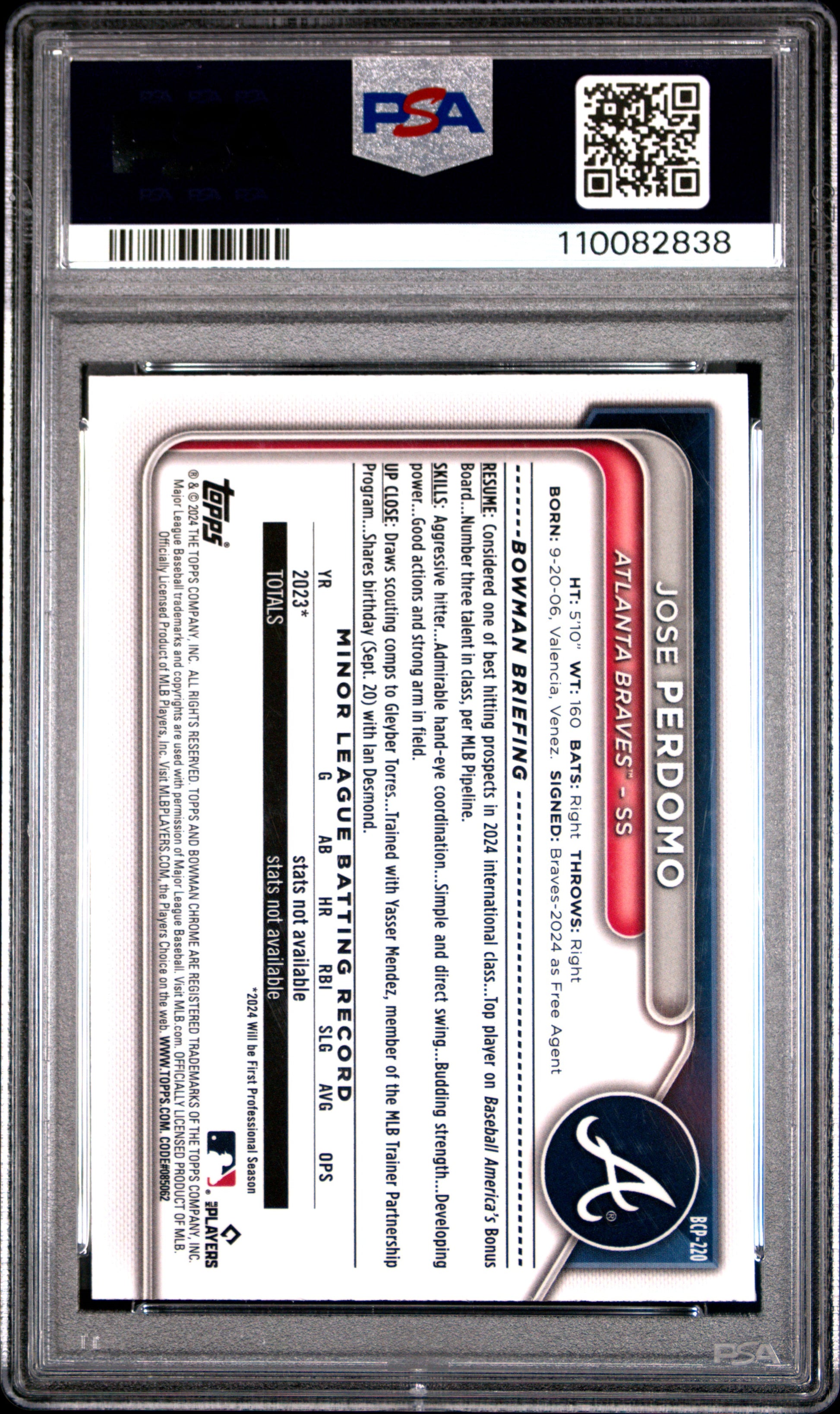 2024 Bowman Chrome Prospects #BCP220 Jose Perdomo Prospects-Orange Ref PSA 9