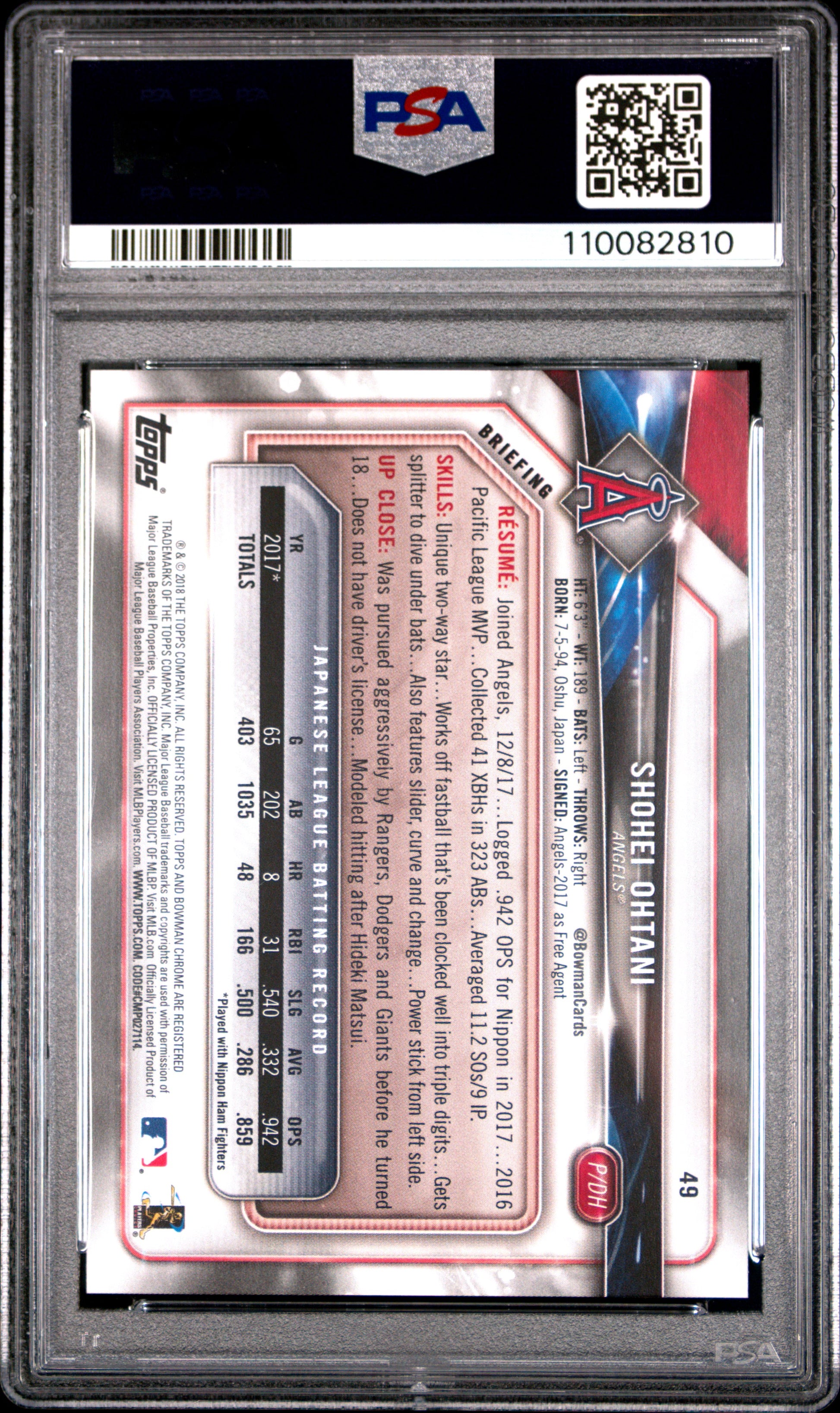 2018 Bowman #49 Shohei Ohtani PSA 9
