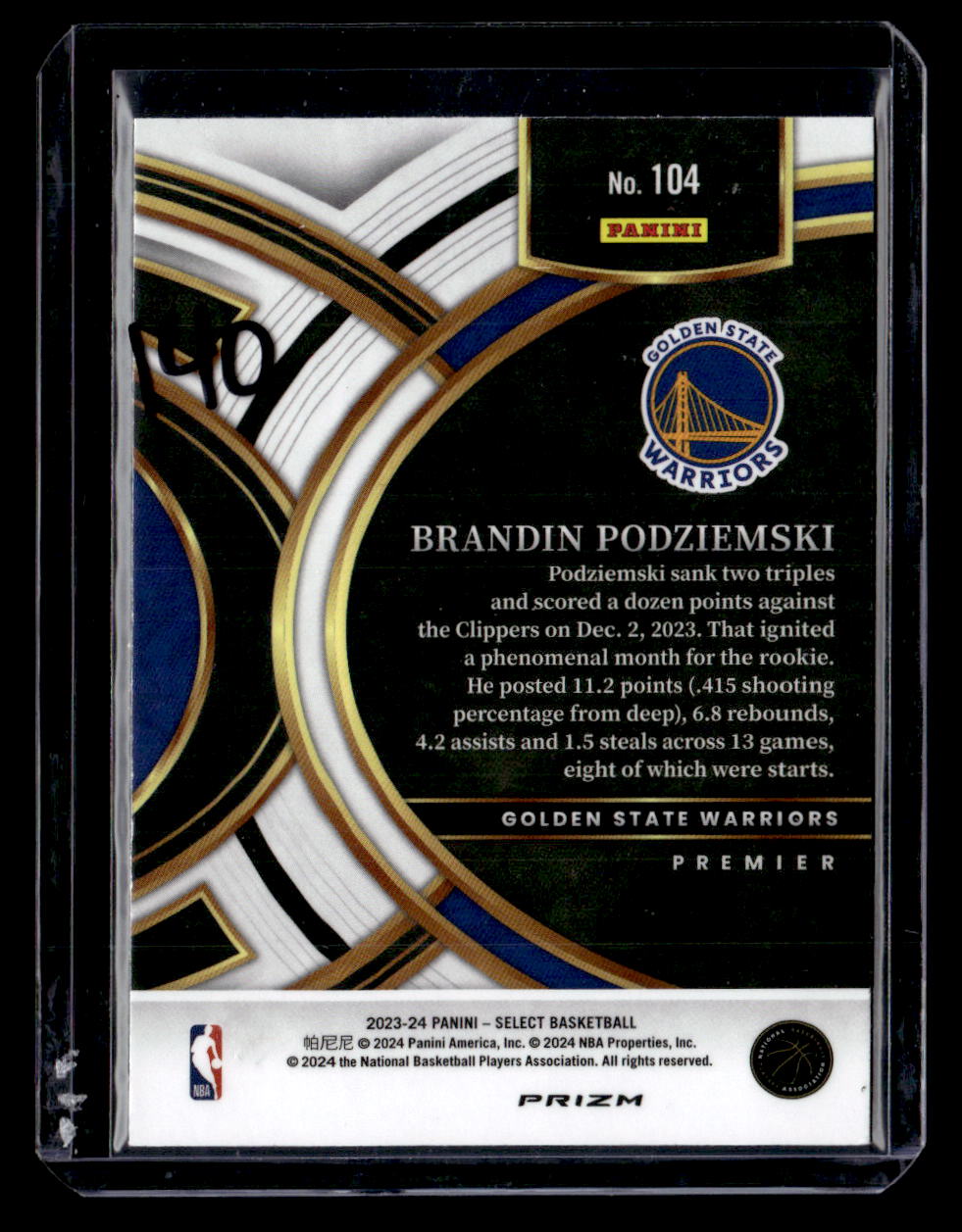 2023-24 Panini Select #104 Brandin Podziemski Tiger Prizm