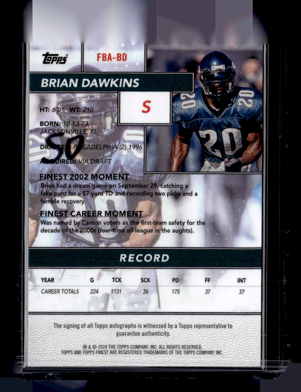 2024 Finest #FBA-BD Brian Dawkins Flashback Autographs Refractor
